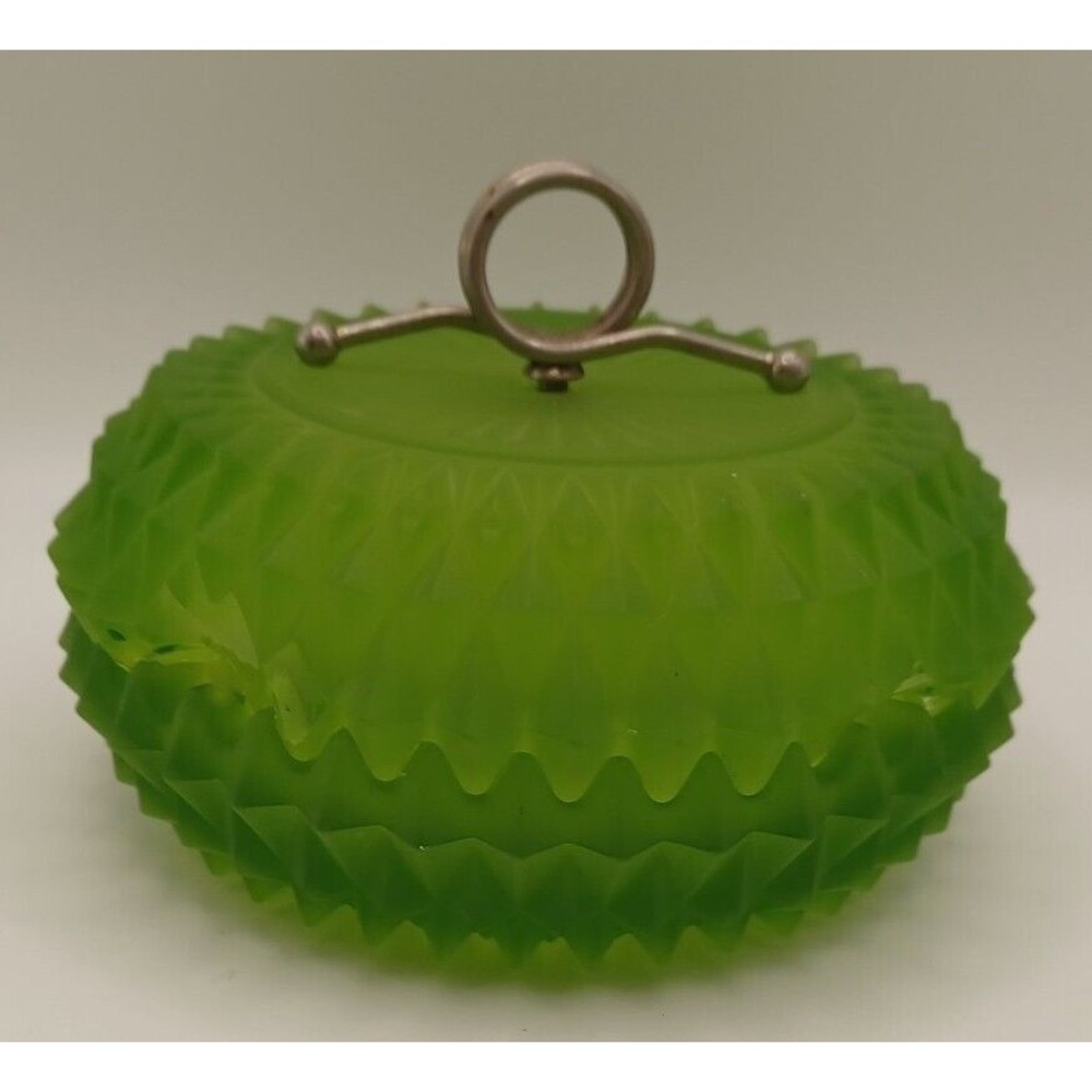 Vintage Diamond Point Green Glass Powder Jar Candy Dish Metal Handle Vaseline ??